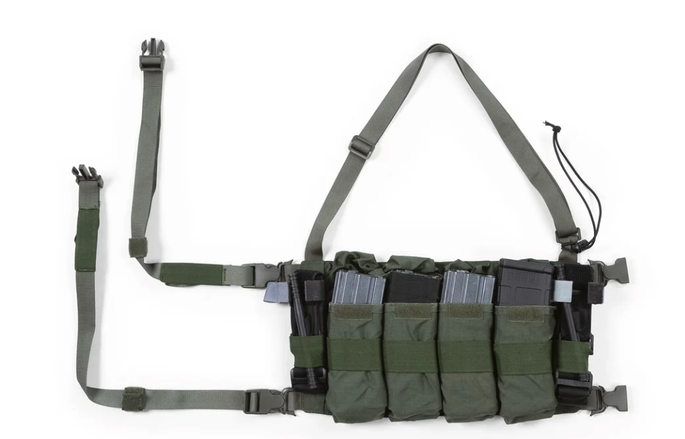 Modern bandoleer ammunition pouch loaded with AR magazines, shown in a field-use configuration